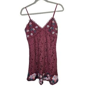 Lulumari Anthropologie Lace Strappy Slip Dress Mini Burgundy Floral Embroidery M